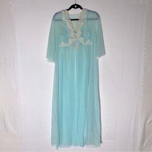 Vintage Kayser Blue Nylon W Ivory Lace Slip Dress Lingerie W Matching Duster M/L